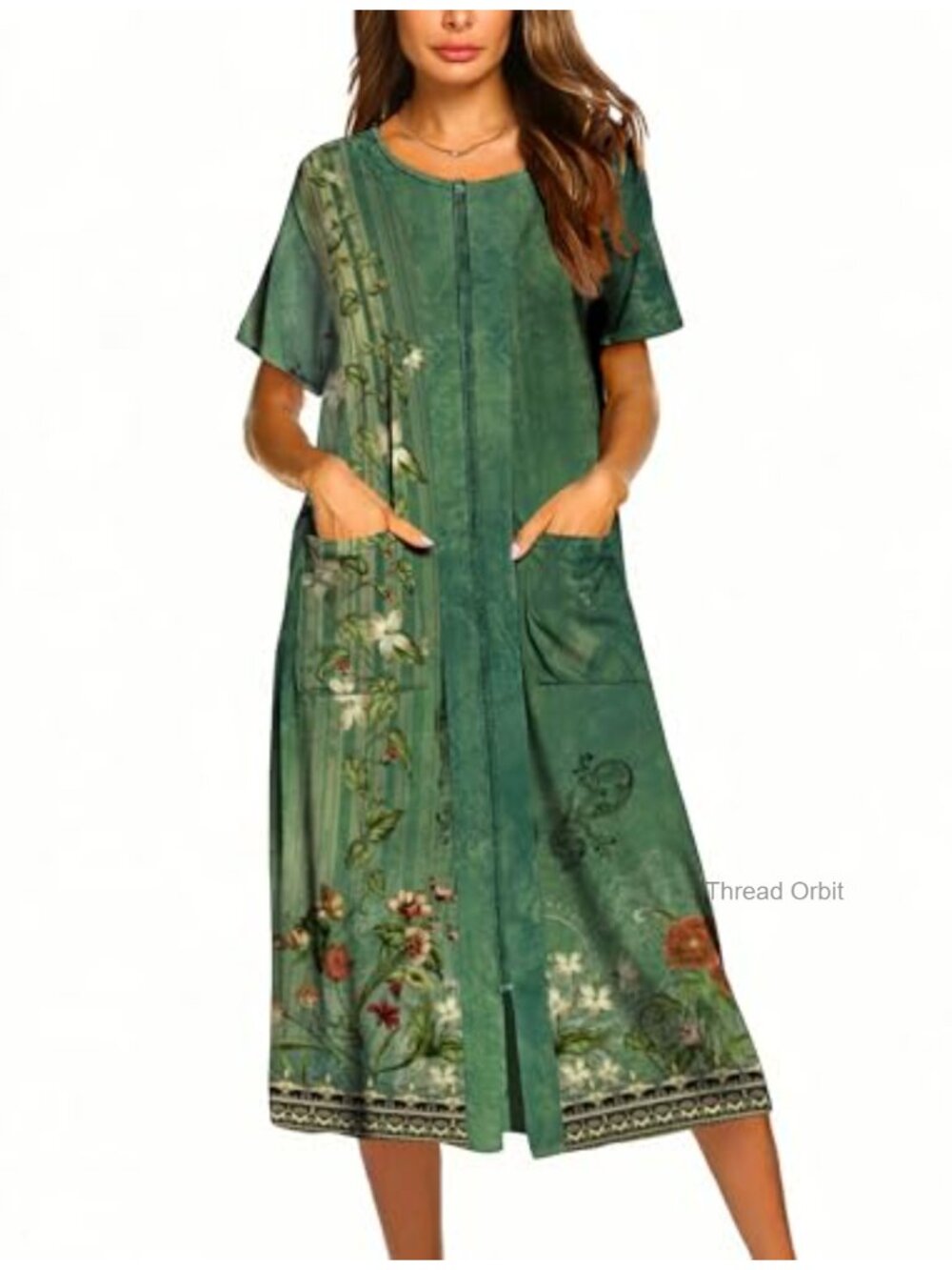 Women's Zip Front Short Sleeve Robe with Pockets